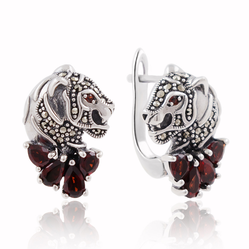 Серебряные серьги с гранатами и марказитами (Ag 925)