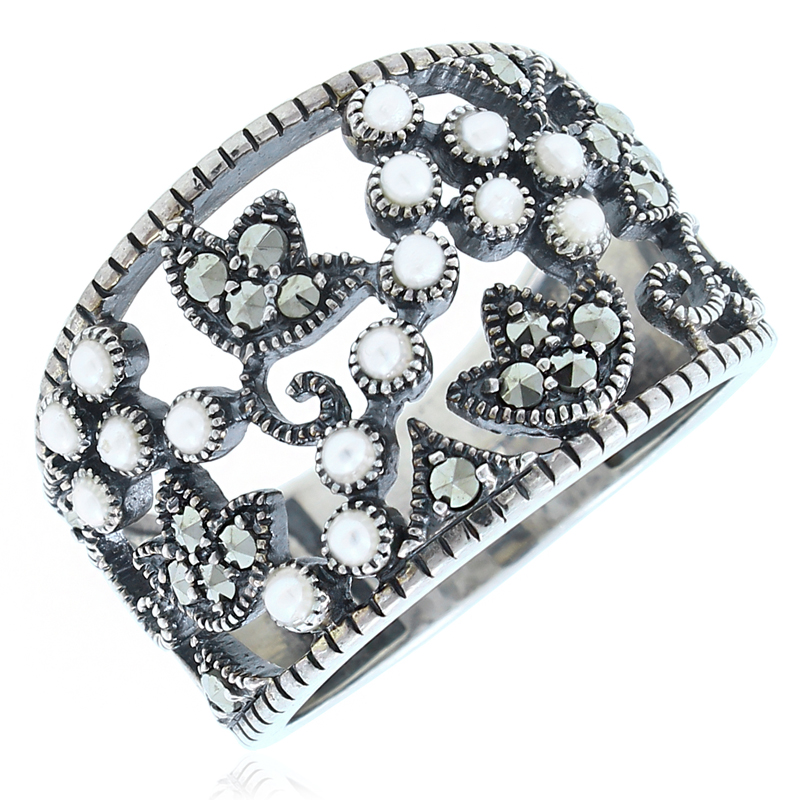 Винтажное кольцо из серебра с микрожемчугом и марказитами (Ag 925)