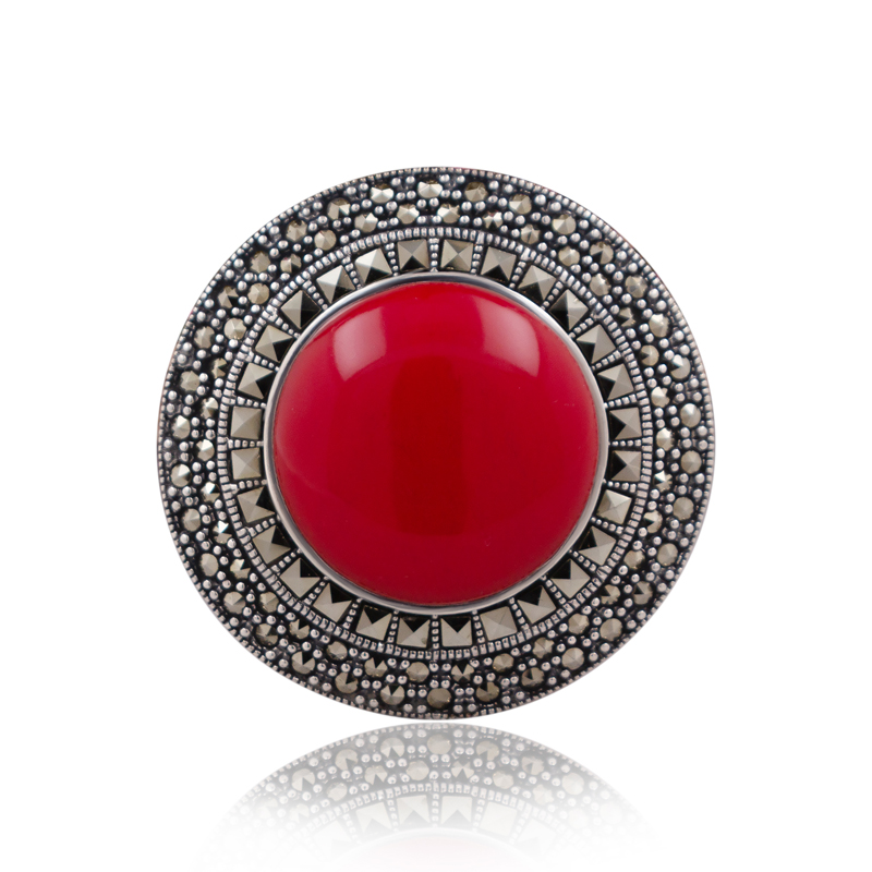 Серебряная брошь с кораллом и марказитами Swarovski (Ag 925)